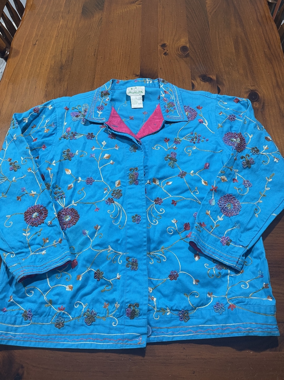 The Quacker Factory Womens Blue Embroidered Beaded 100% Cotton Button Up Jacket